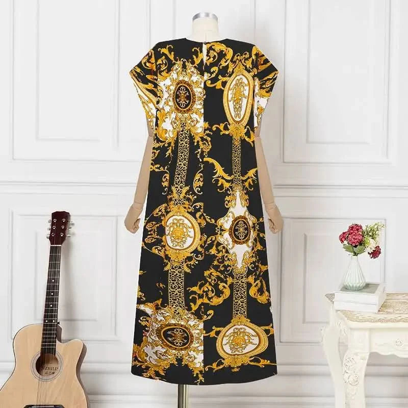 VONDA Plus Size 5XL Elegant Maxi Long Dress 2024 Fashion Satin Dress Sexy Printed Patchwork Bat-wing Sleeve Vestidos Ruffle Robe - M & M Global