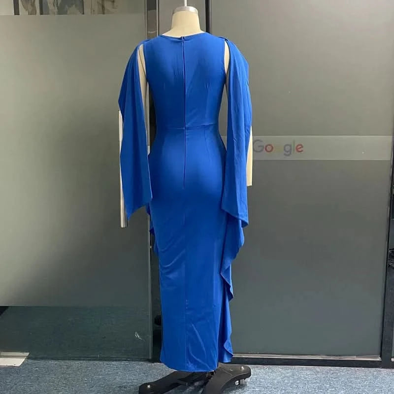 Elegant Party Dresses for Women 2023 Autumn Winter Wedding Guest Dress  Lace Solid Color Blue Long Dress Female Clothing Outfits - M & M Global