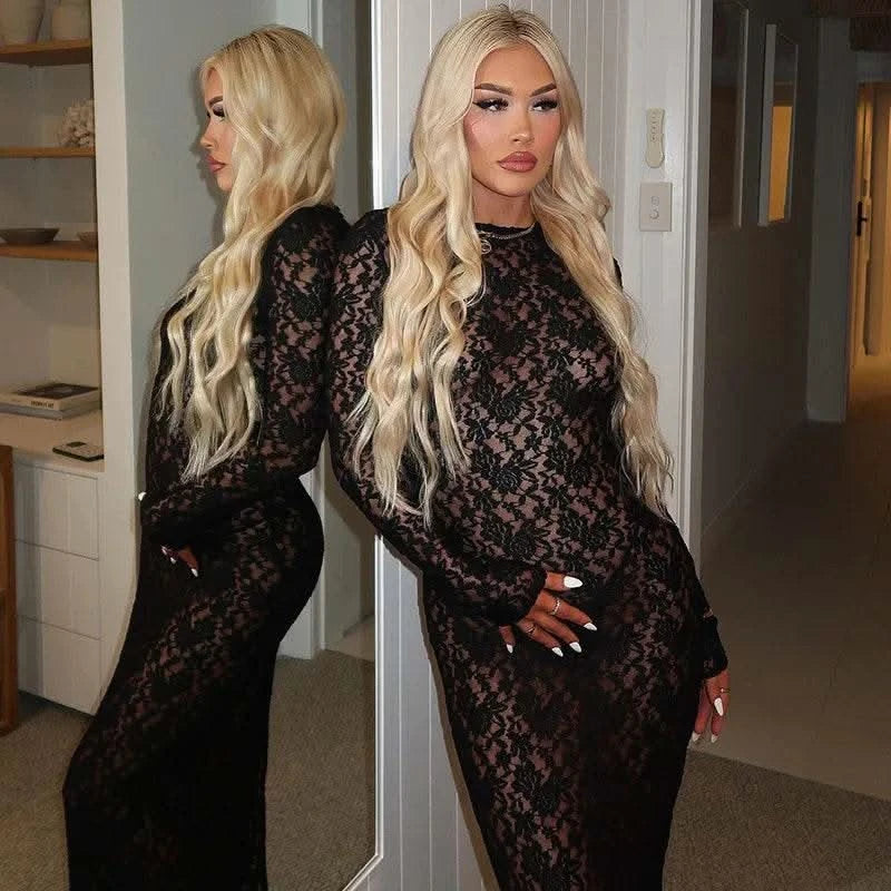 Autumn Fall Women Sexy Lace See Through Streetwear Bodycon Black Long Dress Wholesale Items For Business - M & M Global