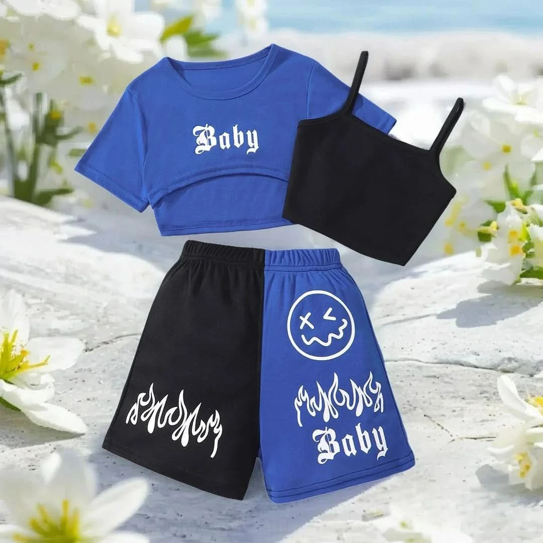 New Kids Girls Clothing Set Summer Short Sleeve Fashion Three Piece Girls Suit Color Block Children Outfits Girls Clothes 8-12Y - M & M Global