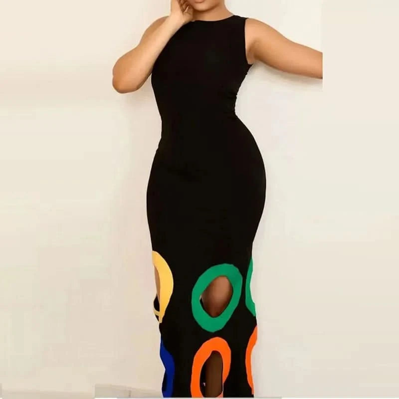 Summer Black Slim Hollow Sexy Party Vacation Long Dress Women's  Elegant Casual Sleeveless Sundress New High Waist Evening Dress - M & M Global