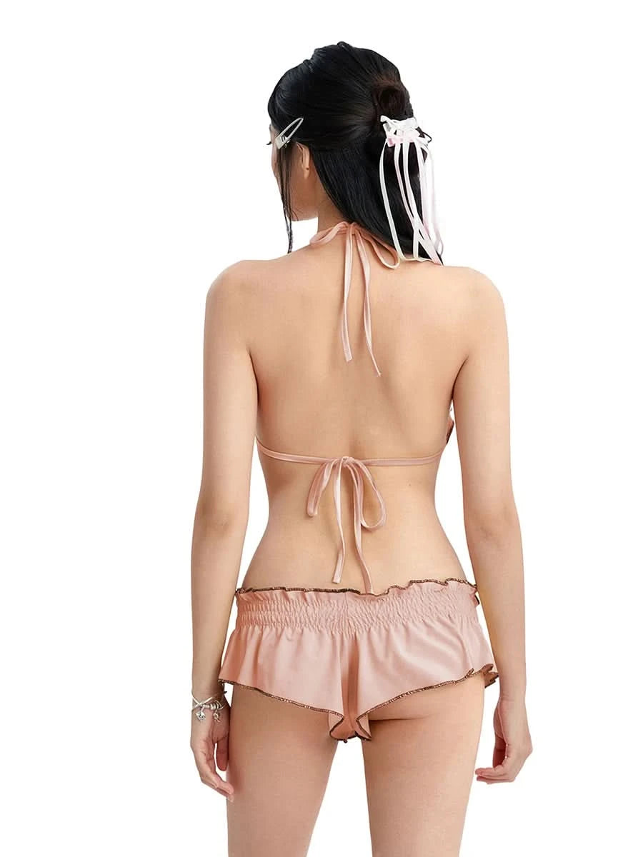 Women Bikini 2024 Patchwork Sleeveless Padded Bra And Frills Thong Bottoms Bikini Women Summer Beach Padded Up Bathing Suits - M & M Global