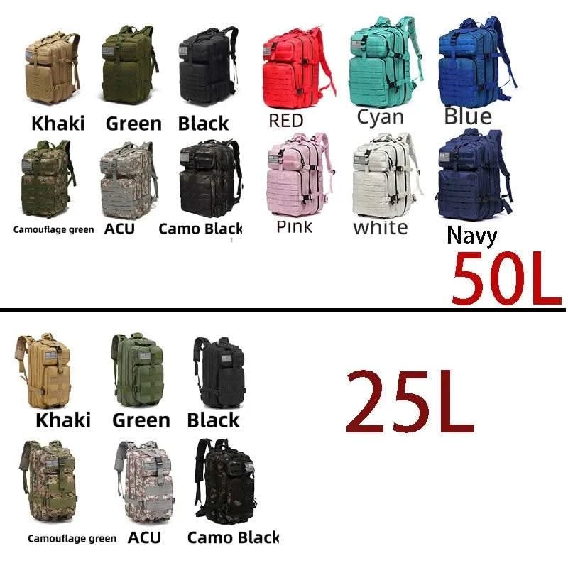25L/50L Sturdy Nylon Waterproof Tactical Sports Trekking Fishing Hunting Camping Hiking Bag Backpack Outdoor Rucksacks - M & M Global