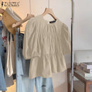 ZANZEA Women Summer Tops Short Sleeve Blouse 2025 Casual Solid Color Tunic Female Ruffled Round Neck Pleated Blusas Oversized