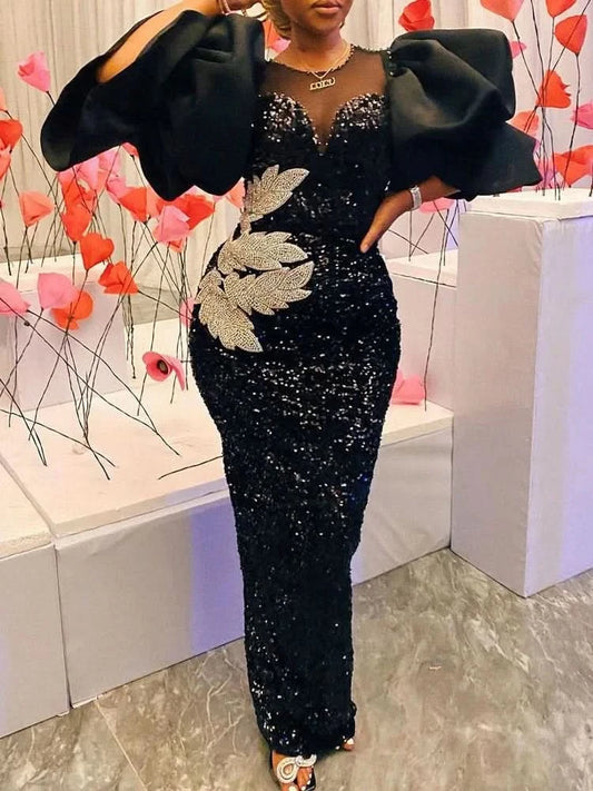 Women Sequined Shiny Black Long Dress Glitter Embroidered Chest Wrapped Puff Sleeve Classy Winter Fall Party Celebrity Gowns New - M & M Global