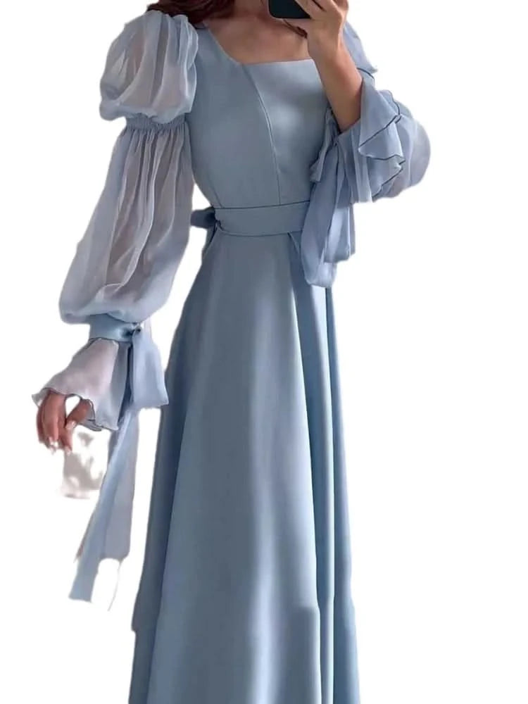 Eid Muslim Party Dress Women Sweet Puff Sleeve Long Dress Square Collar Vestidos Largo Ramadan Abayas Dubai Arab Long Robe 2024 - M & M Global