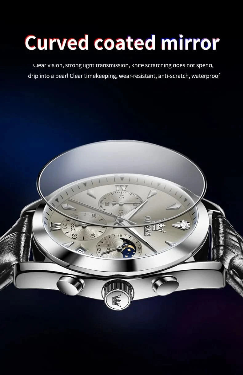 OLEVS Original Watch Leather Strap Moon Phase Luminous Quartz Watches for Man Waterproof Calendar Business Trend Wristwatch - M & M Global