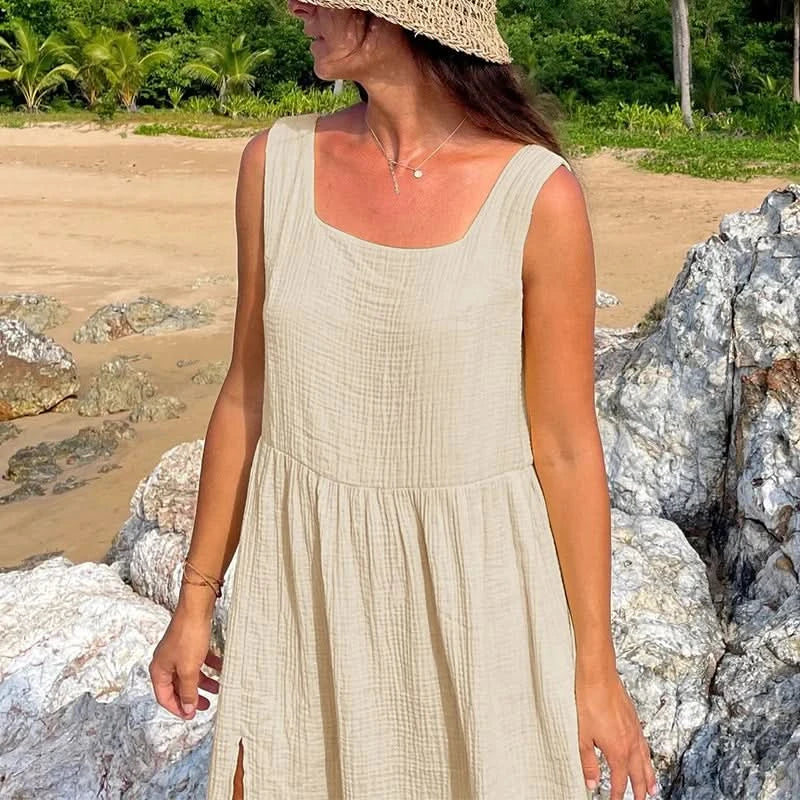 Newly 100% Cotton Gauze Dress For Women 2023 Square Collar Sleeveless Open Side Long Dress Summer Comfortable Beach Outfit - M & M Global