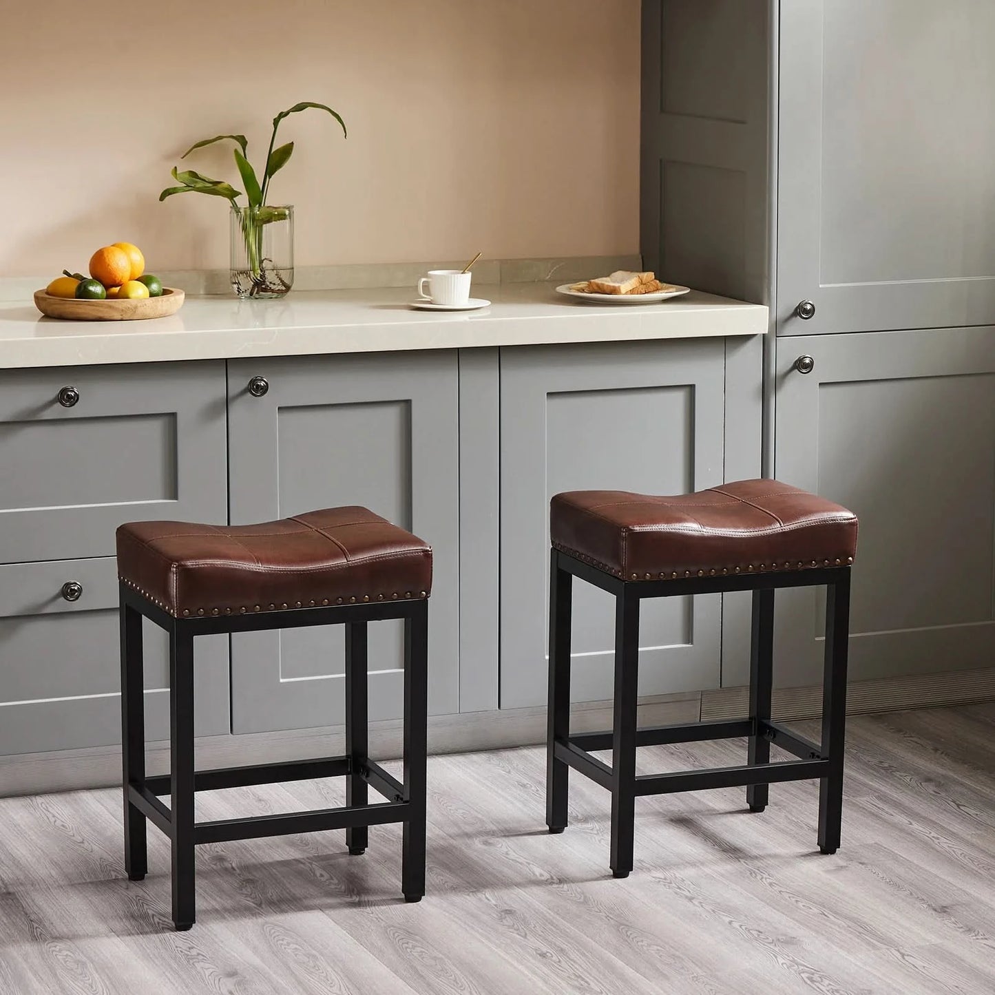 JHK Bar Stools Saddle-Style Pu Leather Upholstered Chair Counter Height Bar Stools with Metal Base Saddle Stools For Kitchen