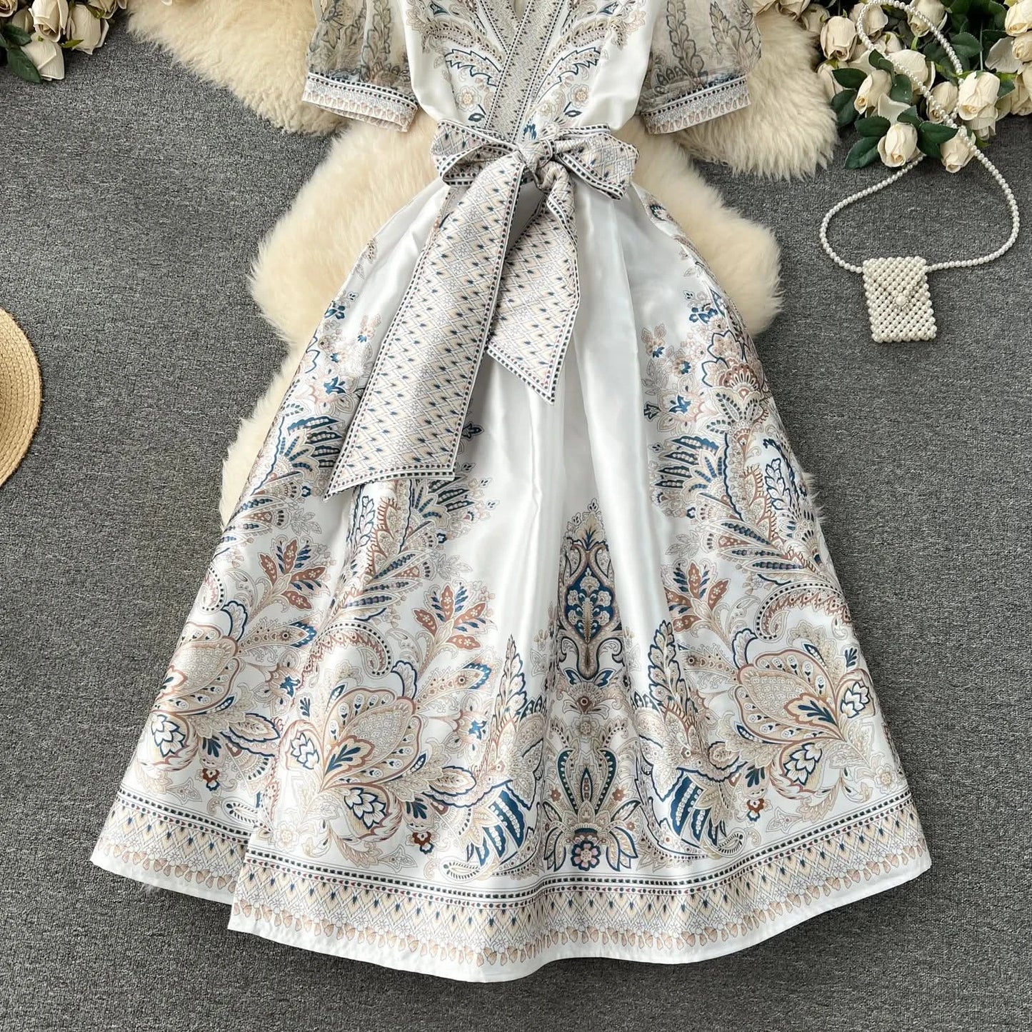 Summer Bohemian Paisley Print Long Dress Women V-Neck Short Puff Sleeve Vintage Print Bandage Lace Up Robe Vestidos Clothes 6237 - M & M Global