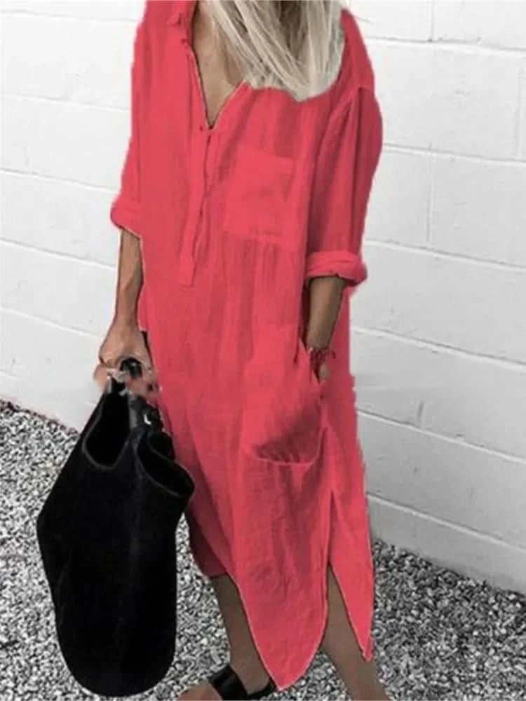 Spring Summer Women's Solid Color Loose Split Shirt Midi Dress Elegant Casual Button Pocket V-Neck Long Sleeve Long Dress 2024 - M & M Global