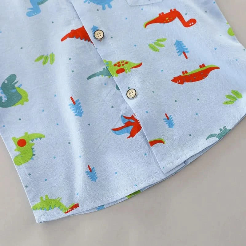 Infants and Toddlers Covered in Printed Cartoon Dinosaur Stand-up Collar Shirt Short Sleeve 2 Piece Set - M & M Global