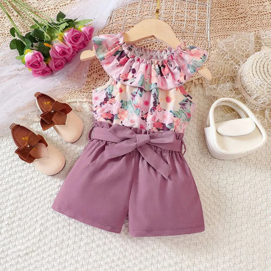 Kids Casual Summer Clothing Sets Outfits for Girls 2024 New Toddler Floral Print Ruffles Tops Short Pant Fashion Children 1-8Y - M & M Global
