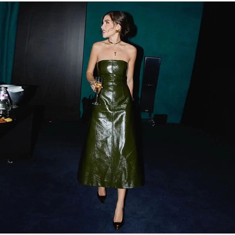 PU Leather Strapless Dresses Coat Women's Two Pieces Set Vintage Tube Sleeveless Slim Long Dress Lapel Jackets Street Outfits - M & M Global