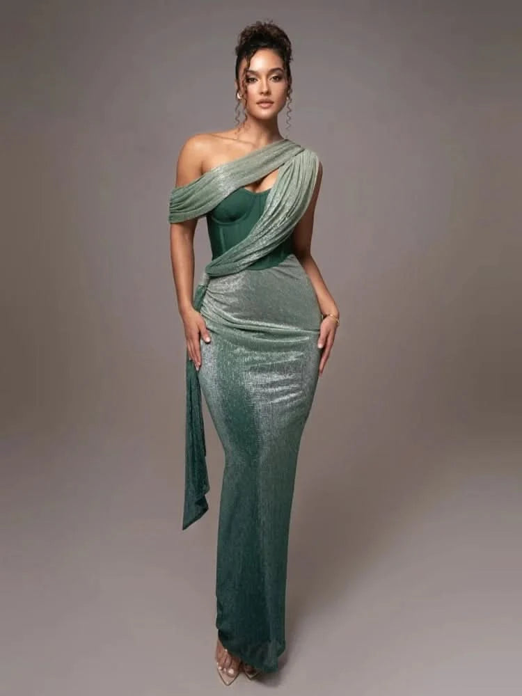 Sexy One Shoulder Draped Glitter Long Dress Women Brown Corset Sparkly Backless Bodycon Maxi Dresses Evening Party Gowns - M & M Global