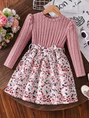 Spring and Autumn Girls' Simple Casual Versatile Knitted Round-Neck Long-Sleeve Floral Dress, Everyday Casual Dress for Girls, Can Be Used as a Holiday Gift, Eid, Easter, Carnival, Spring Festival