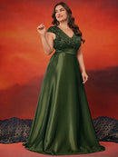 Plus Size Elegant V-Neck Red Sequins Evening Dress Long Luxury Women Satin Sleevesless Party Prom Cocktail Gowns