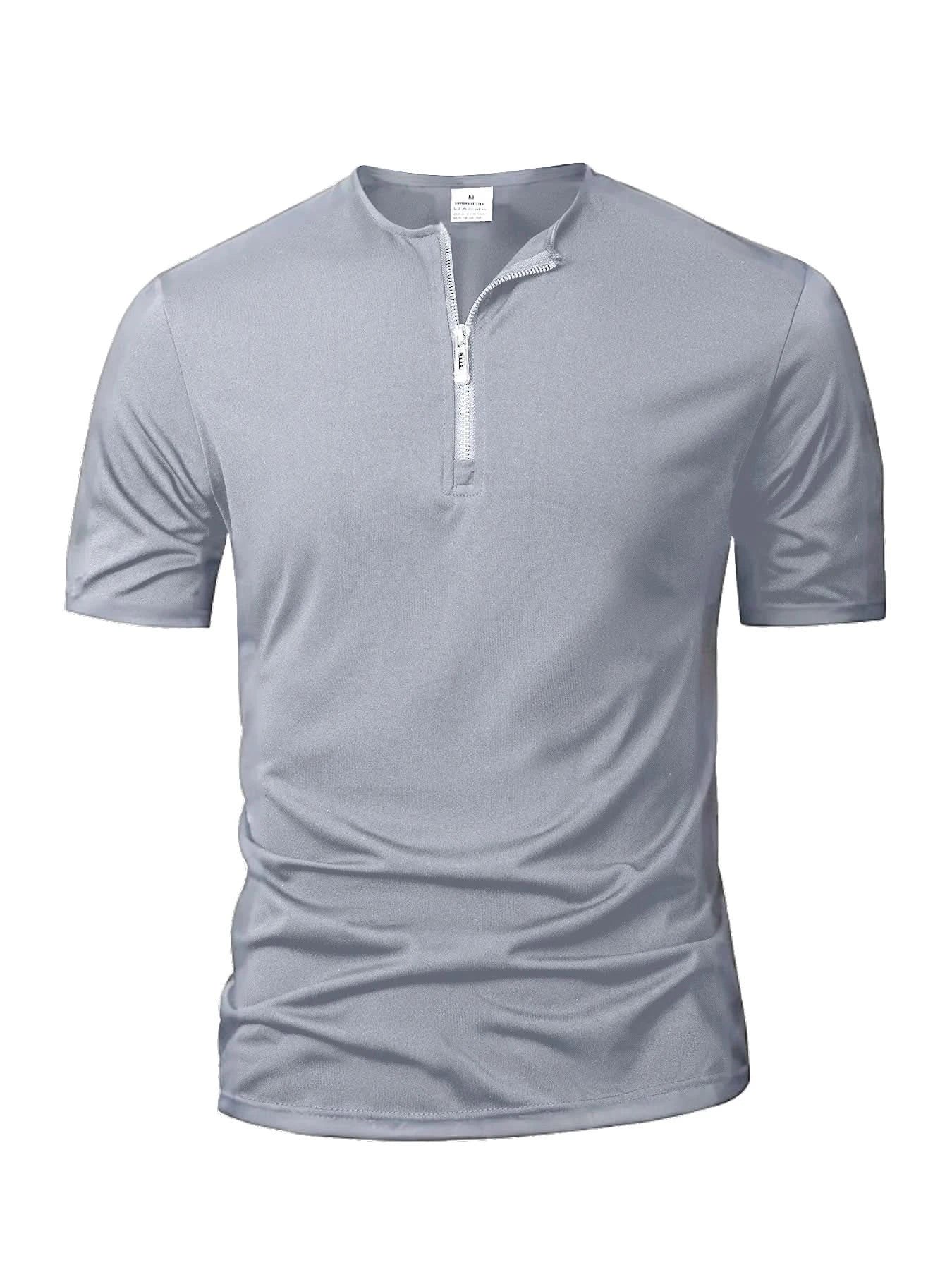 Summer Men's Short Sleeve Solid Color Zipper Collar Shirt Casual Sports T-Shirt Streetwear Daily Outdoor Activities Men's Top - M & M Global