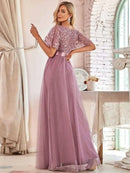 2023 New Women's Burgundy A-Line Sequin Mesh Leaf Maxi Prom Dress Sparkle Evening Dresses O-Neck Short Sleeve Long Dress - M & M Global