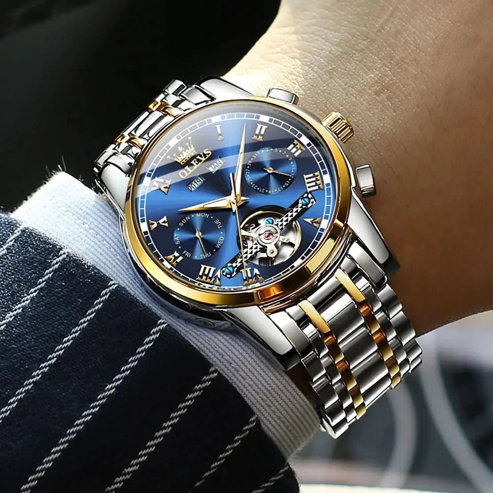 OLEVS Men's Watches Automatic Mechanical Business Wristwatch Waterproof Stainless Steel Strap Watch for Man Skeleton Calendar - M & M Global