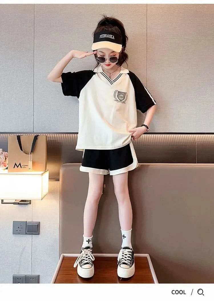 Summer Clothes Set for Children Girls Fashion V Neck T-shirts and Shorts 2pcs Suit Teenage Lapel Top Bottom Outfits Tracksuits - M & M Global