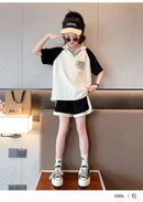 Summer Clothes Set for Children Girls Fashion V Neck T-shirts and Shorts 2pcs Suit Teenage Lapel Top Bottom Outfits Tracksuits - M & M Global