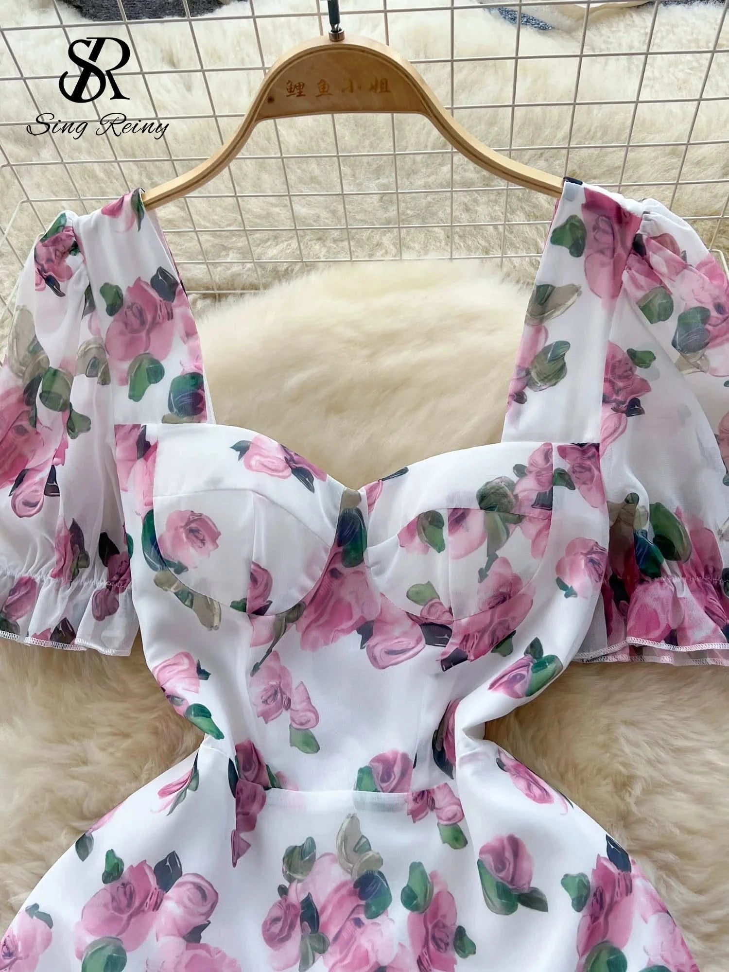 SINGREINY Beach Vacation Floral Print Dress Women Backless Lace Up Cross Bandage Ruched Korean Hotsweet Fashion Party Long Dress - M & M Global