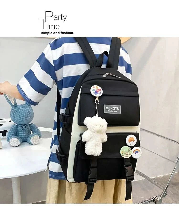 5PCS Kit Backpack Female Fashion Lady High Capacity Waterproof College Trendy Girls Laptop School Bags Cute Girl Travel Book Bag - M & M Global