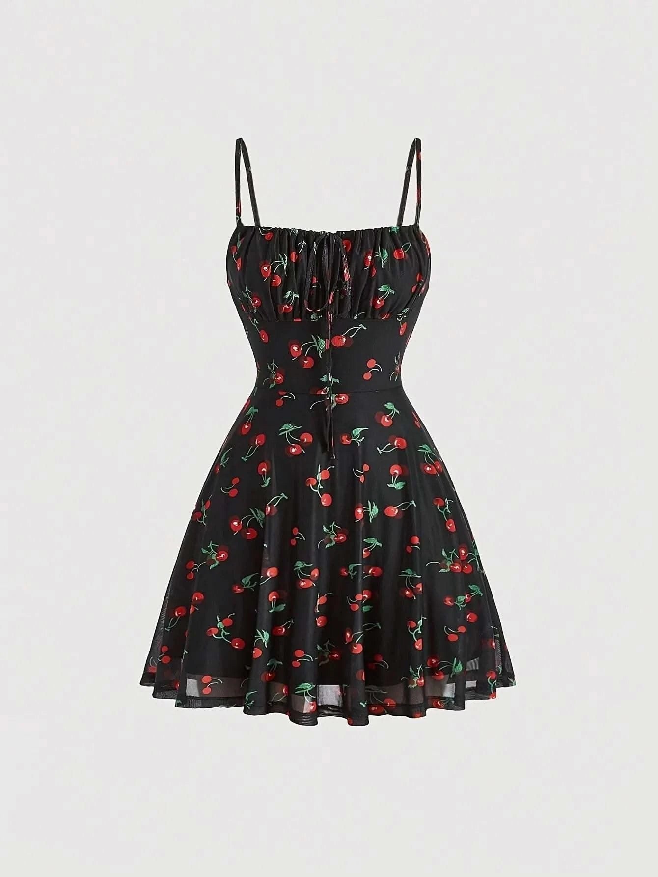 Cherry Printed Vintage Summer Dresses Y2kWomen Swing Robe Party Dress 2025 New Casual Vestidos Sexy Strapless A-Line Sundresses - M & M Global
