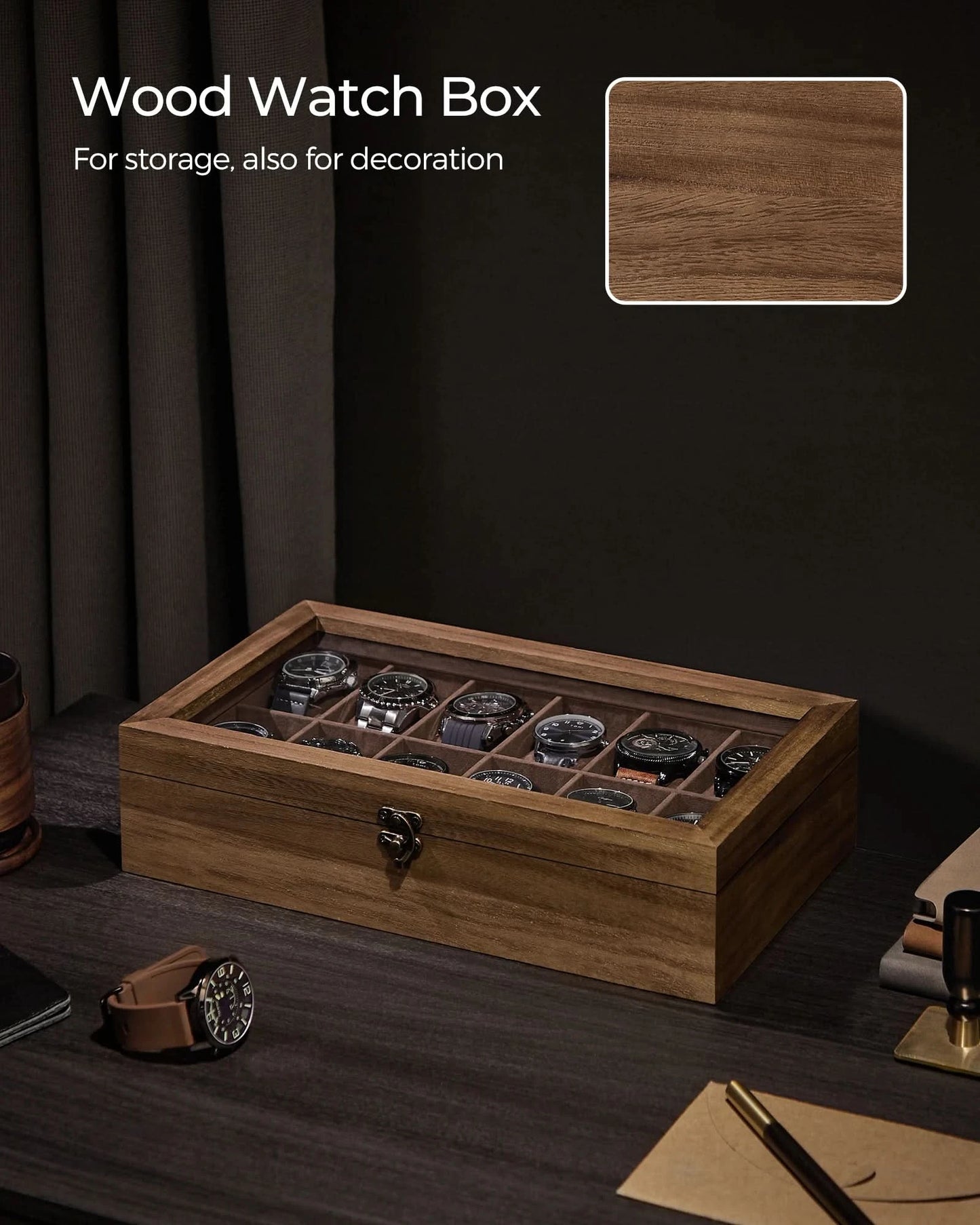 SONGMICS Watch Box, 12-Slot Watch Case, Solid Wood Watch Box Organizer with Glass Lid, Watch Display Case with Removable Pillows - M & M Global
