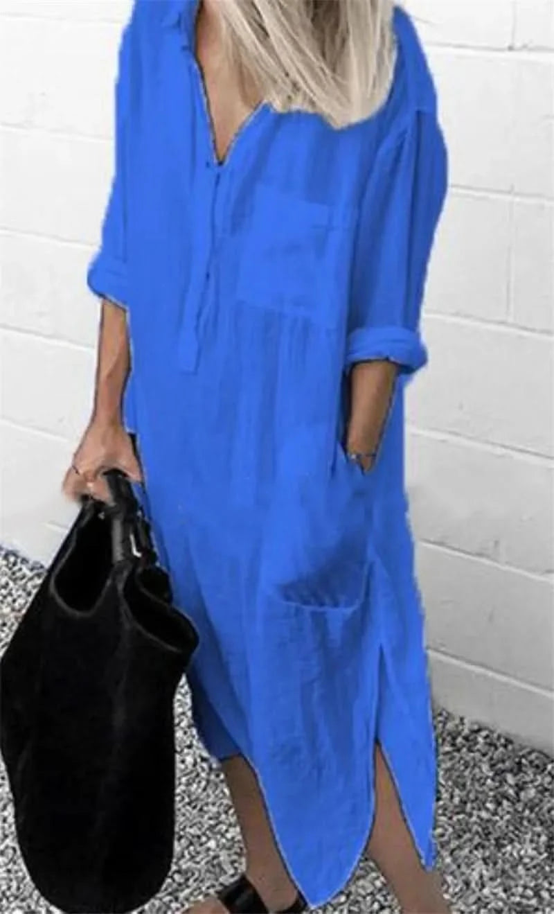 Spring Summer Women's Solid Color Loose Split Shirt Midi Dress Elegant Casual Button Pocket V-Neck Long Sleeve Long Dress 2024 - M & M Global