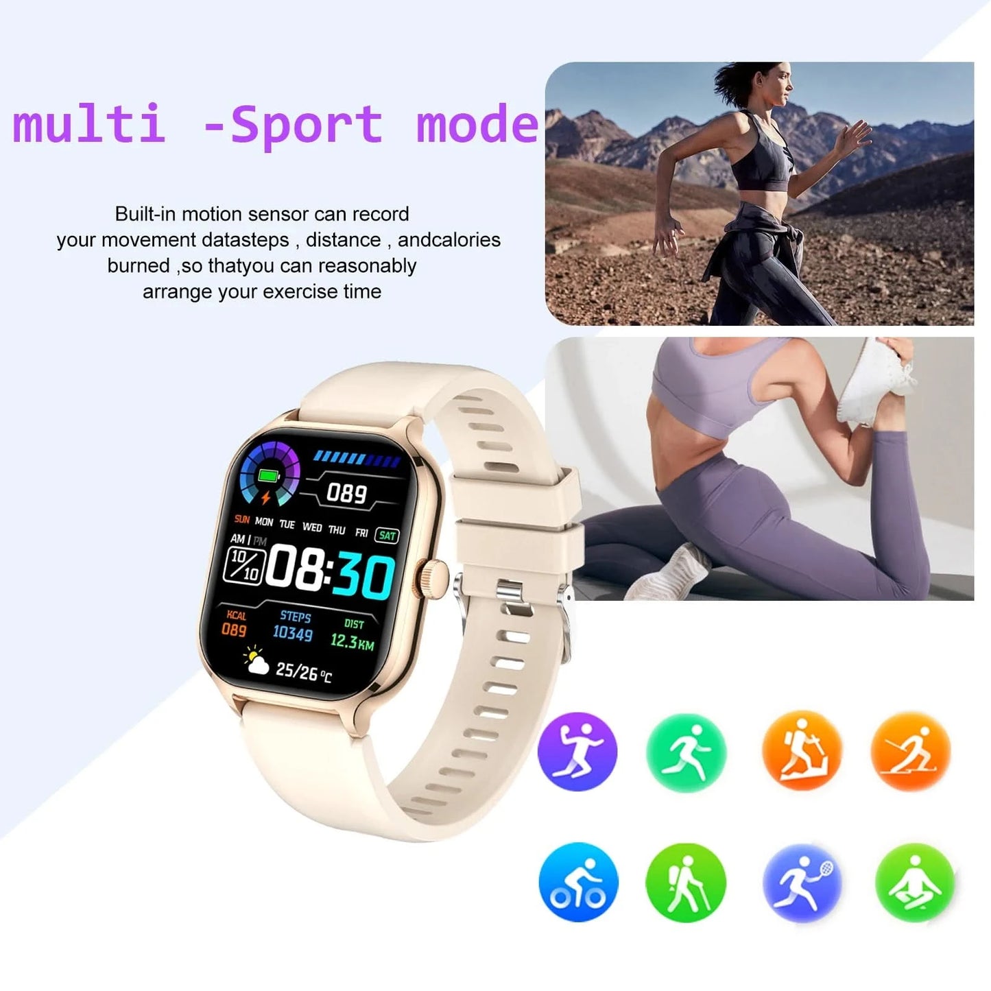 Multifunctional smart watch, wireless call/dial, message reminder, multiple sports modes, suitable for men and women, compatible