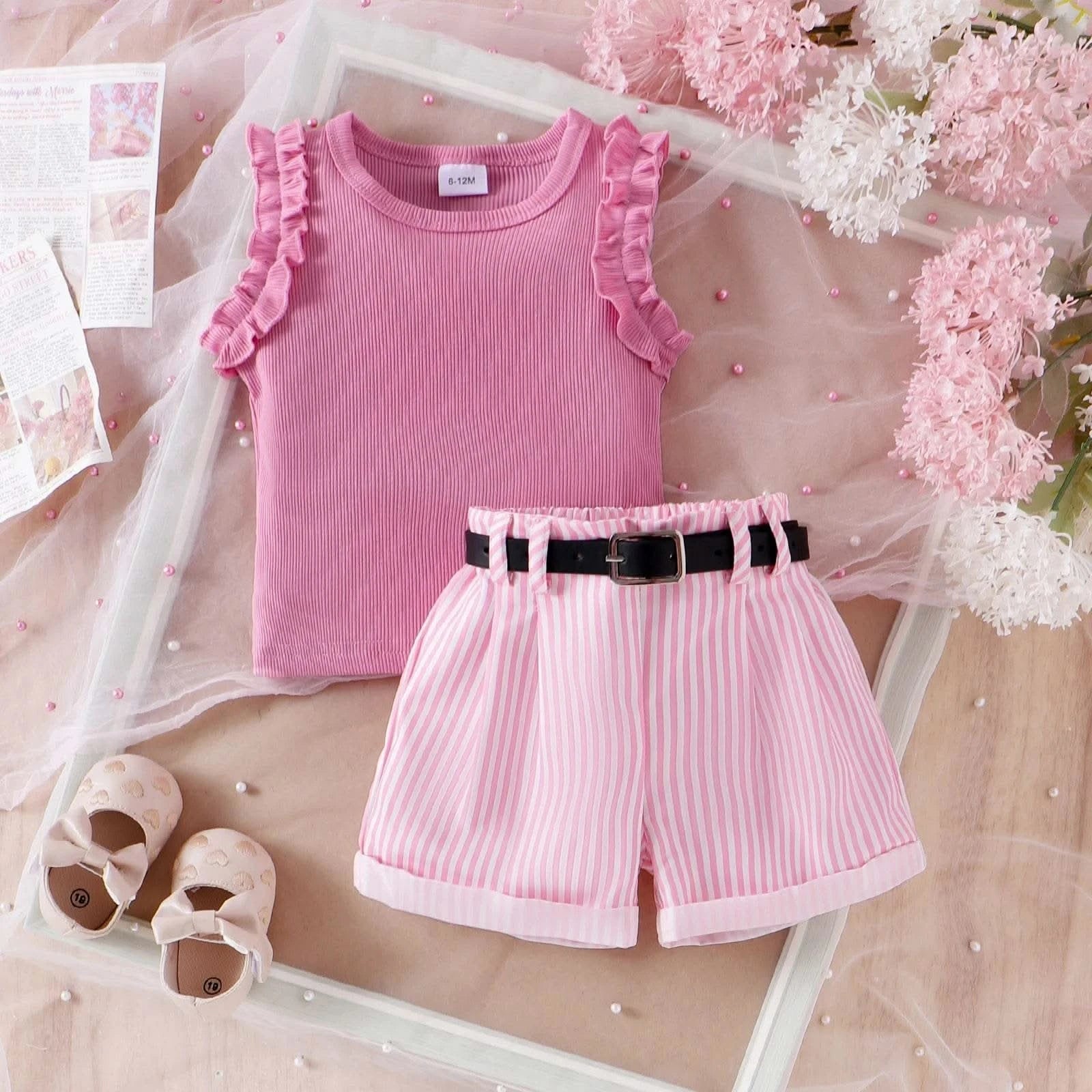 3PCS Summer New Style Comfortable And Fashionable Pink Pit Strip Vest + Shorts Set For Girls Aged 0-3 - M & M Global