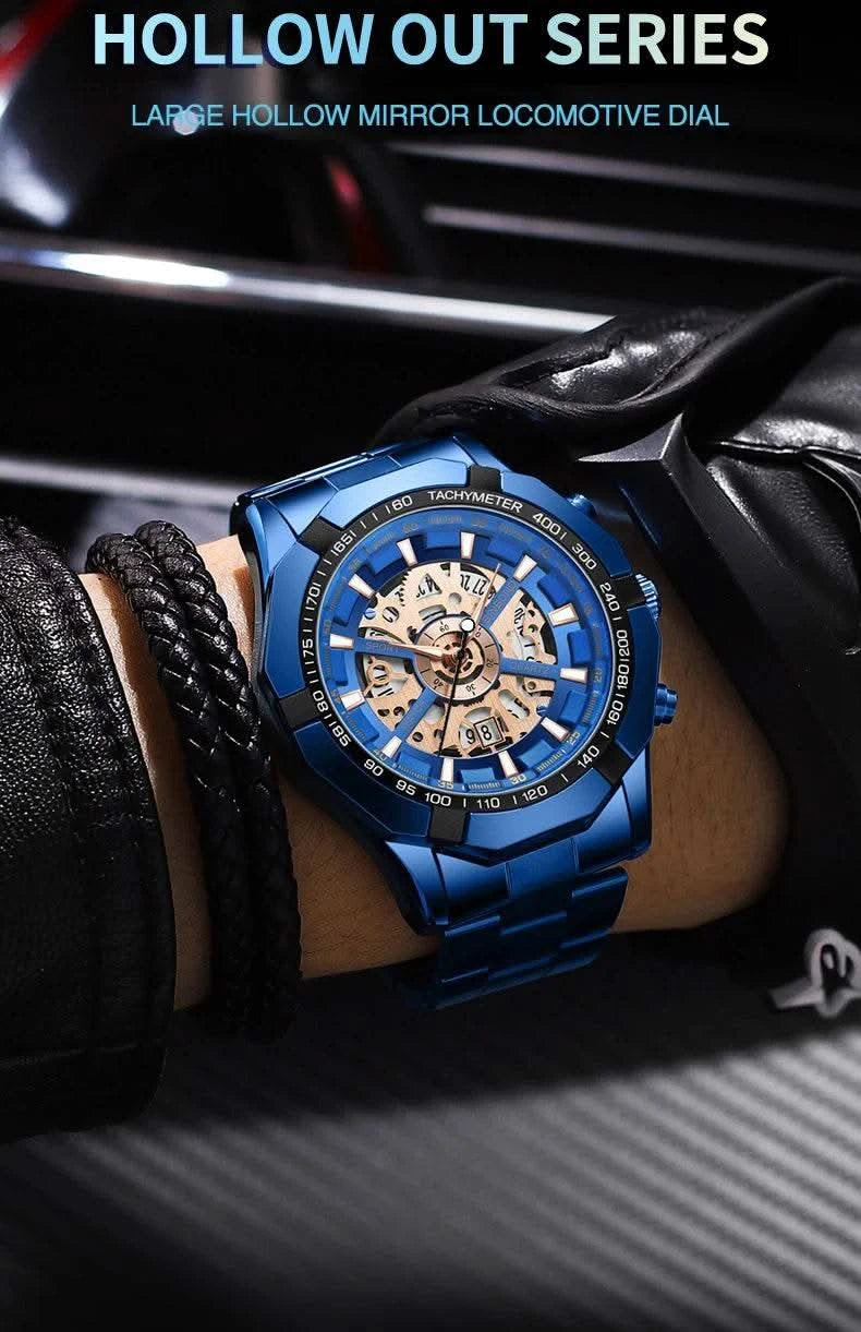 BINBOND Mens Quartz Watches Top Brand Luxury Stainless Steel Waterproof Hollow Out Blue Big Male Wristwatches Relogio Masculino - M & M Global