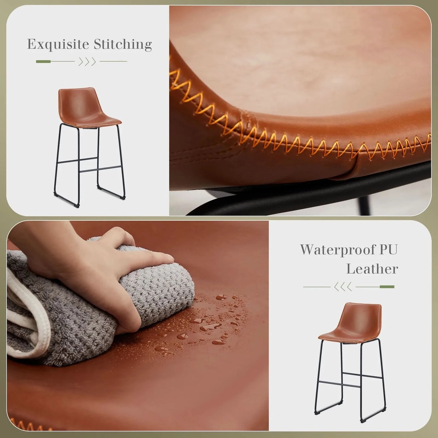 JHK Leather Modern Bar Bench 2-piece Set Armless Metal Leg Brown Bar Bench with Backrest Home Chair Living Room Furniture