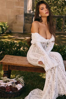 Mozision Floral Lace Off-shoulder Maxi Dress For Women White Strapless Backless Long Sleeve Bodycon Club Party Sexy Long Dress - M & M Global