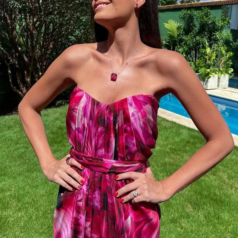 Sexy Summer Party Dress Women Fashion Bow Straps High Waist Pleated Beach Dress Chiffon Casual Floral Print Bohemian Long Dress - M & M Global