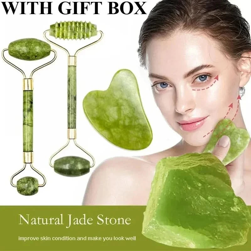 Jade Massagers For Face Body Gua Sha Scraper Beauty Facial Roller Set Natural Gouache Stone Massage Slimming Skin Care Lift box - M & M Global