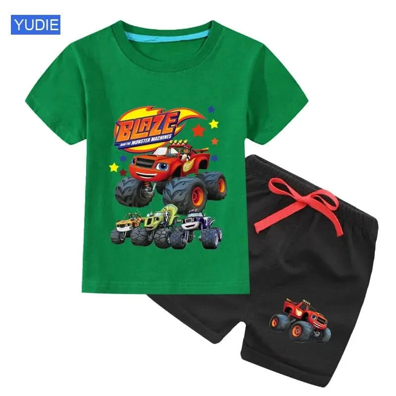 2025 Summer Baby Boy Clothes Set Cartoon Blazing Speed Cars Monster Machines Children Girl Short Sleeve T Shirt+Shorts 2PCS Suit - M & M Global
