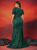 Plus Size Elegant Short Sleeve Sequins Formal Evening Dresses Women Luxury Mermaid Wedding Party Bridesmaid Gowns