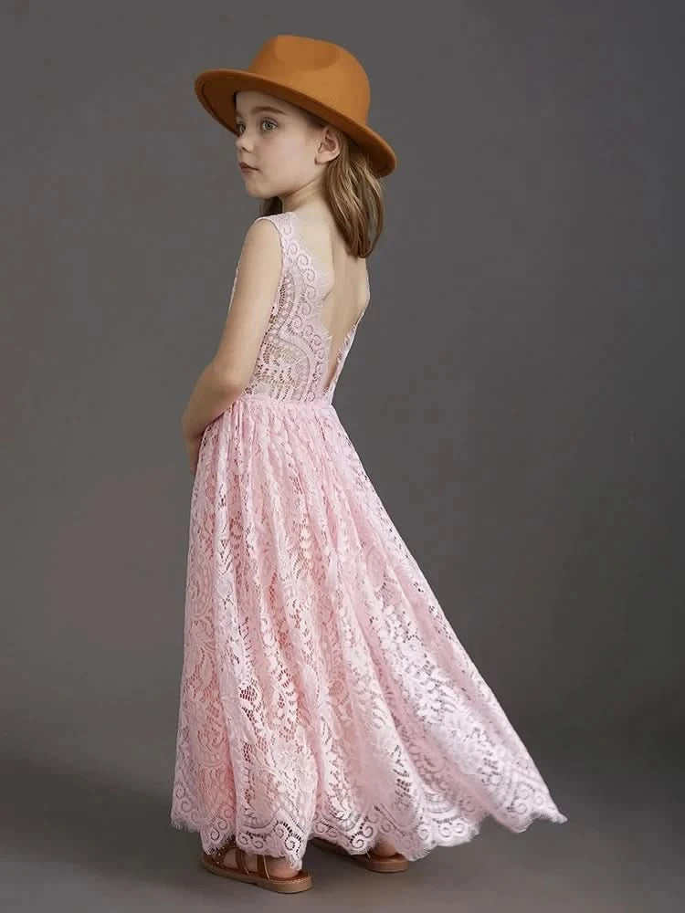 Plus Size Princess Girls Cotton Lace Party Long Dress Baby Kids Flower Girl Wedding Birthday Children Clothing 2 4  6 8 10 12 14 - M & M Global
