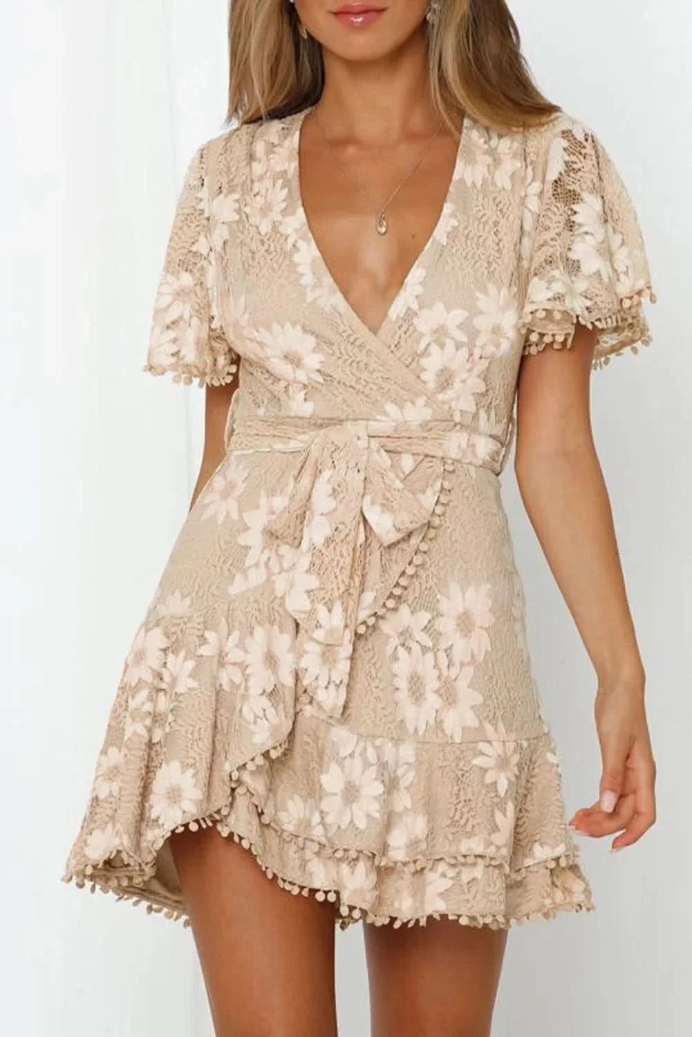 Gray/Orange Flutter Sleeve Wrap V Neck Floral Lace Short Dress for Women Summer Spring A Line Party Dress - M & M Global