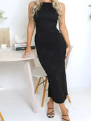 2024 Sexy Women Long Dress Ruched Sleeveless Slim Solid Summer Party Back Split Dress Clubwear Female Vestido Outfits - M & M Global