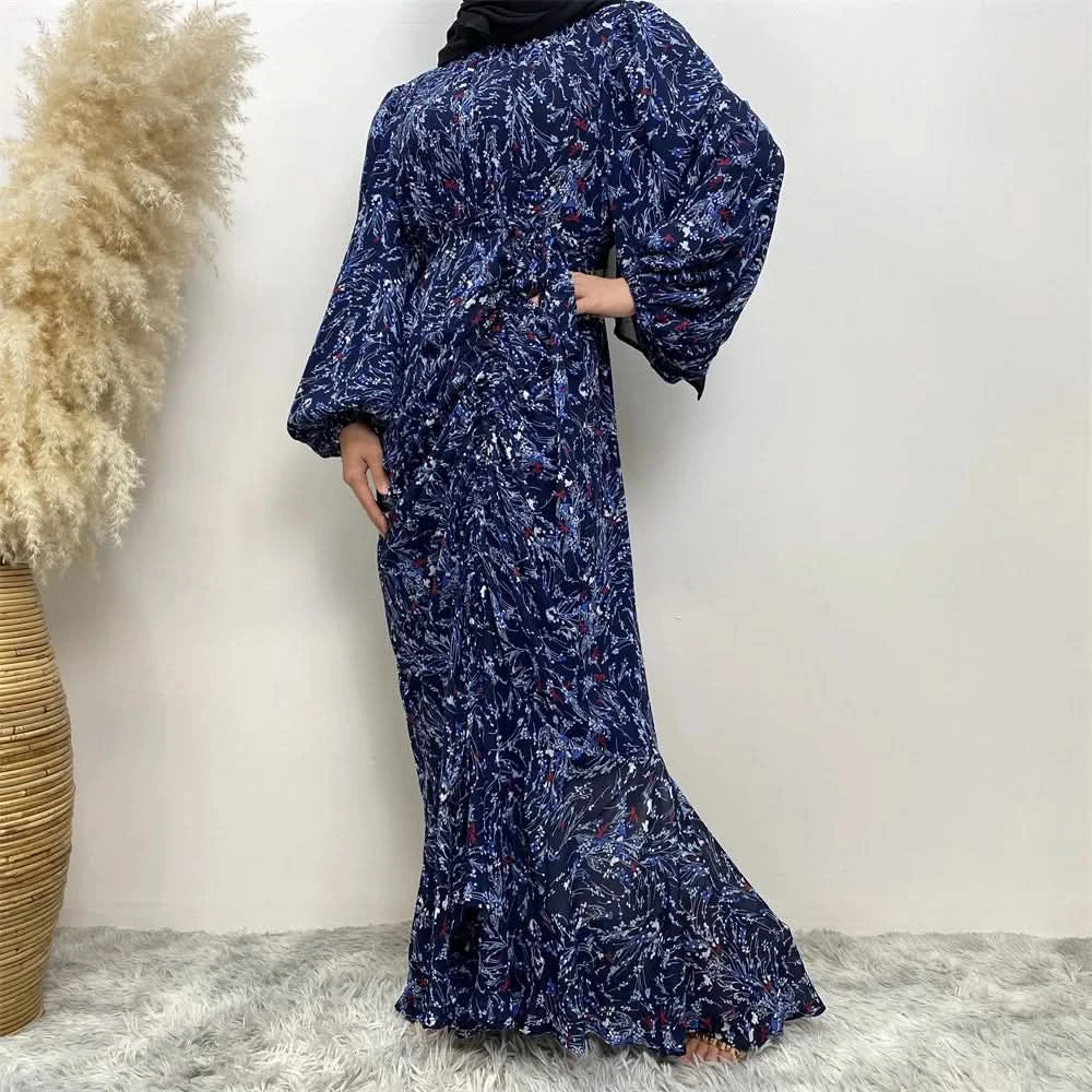 Muslim Women's dress Casual print bark crepe long dress Zipper collar long sleeves loose Muslim maxi dress - M & M Global