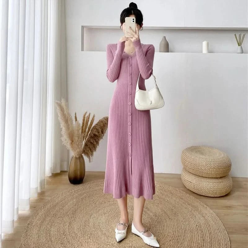 Lucyever Elegant Knitted Long Dress for Women Korean Chic Buttons Slim Fit Midi Dresses Female Streetwear V Neck Party Vestidos - M & M Global