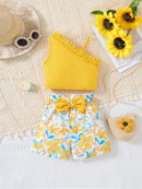 Girls Children Fashion Suit One Shoulder Top & Shorts Printed Floral Girl Summer Suspender Set Birthday Gift Fashion Suits - M & M Global