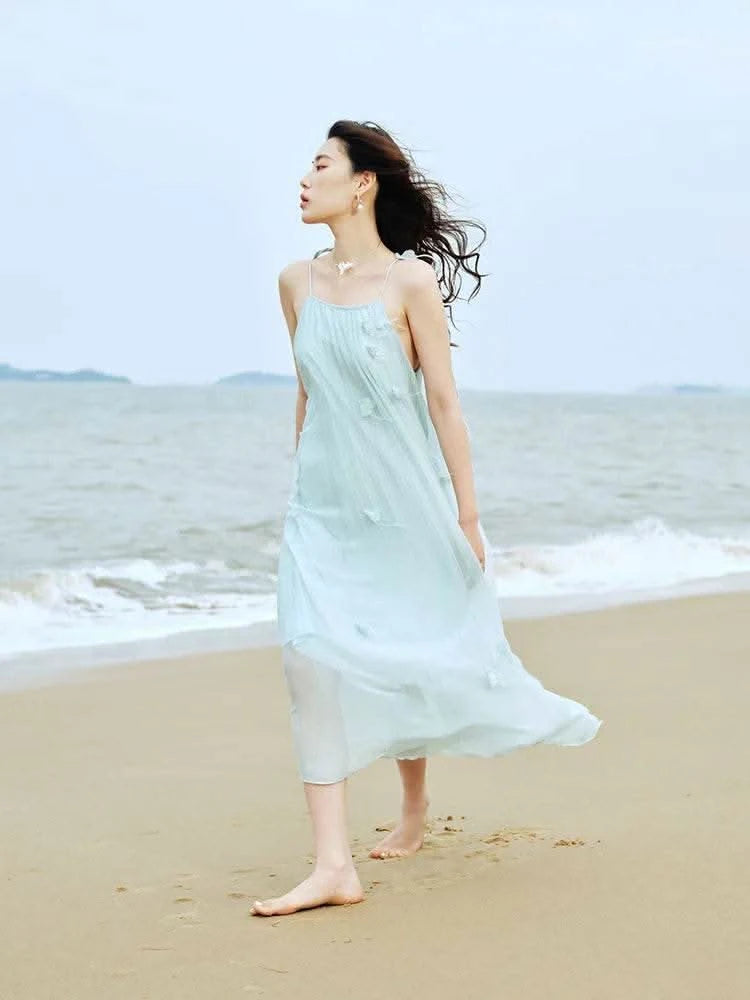 DUSHU Sleeveless Women Thin Long Dress Holiday Style Female Summer Spaghetti Strap Dress Green Women A-LINE Dress 24DS82796 - M & M Global