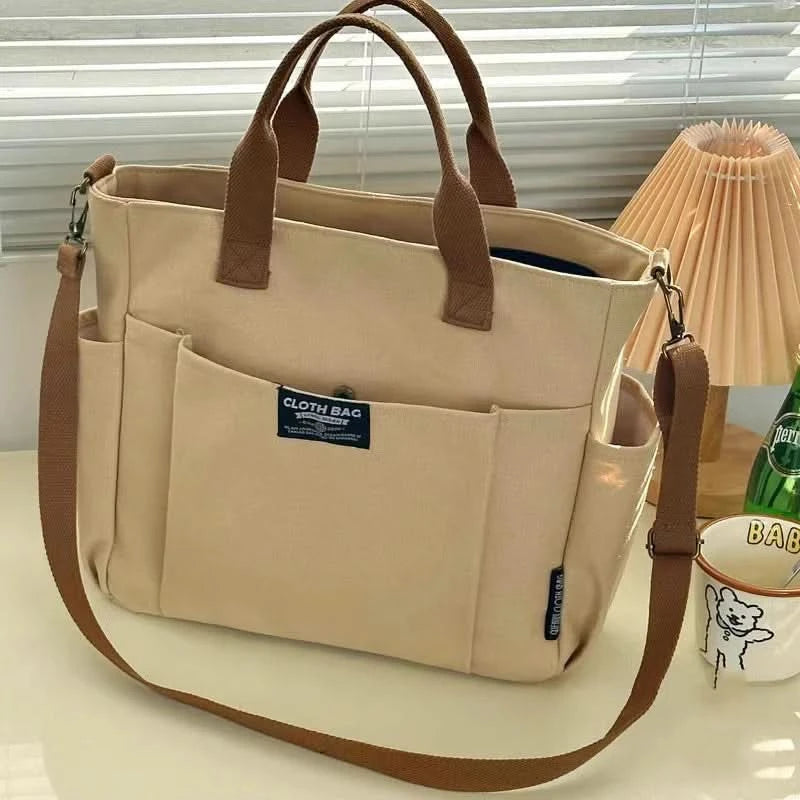 Urban Minimalist Female Student Large Capacity Commuting Horizontal Canvas Single Shoulder Diagonal Cross Portable Tote Bag - M & M Global