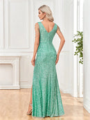 Elegant V-Neck Green Sequin Evening Dresses Long 2026 Luxury Women Formal Dress Wedding Party Prom Beading Gown
