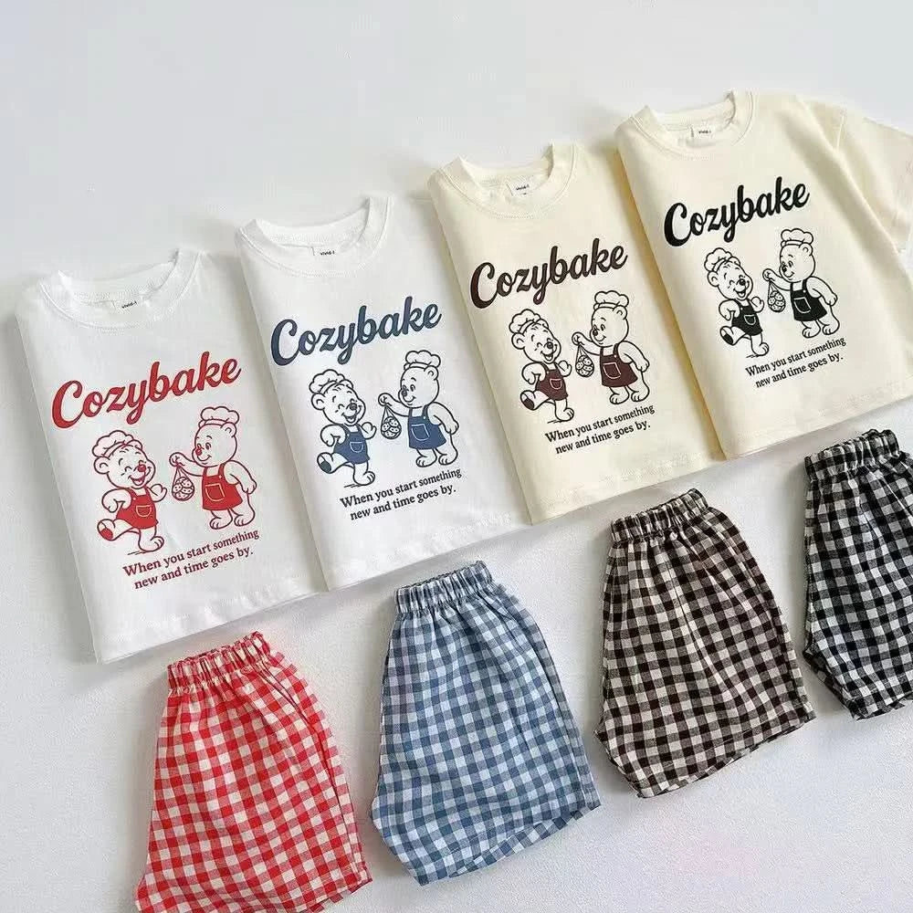 Print Tshirt Plaid Shorts 2Piece Set Summer Costume Boys Girls Baby Loose White Tees All-match Shorts New Child Trendy Outfits - M & M Global